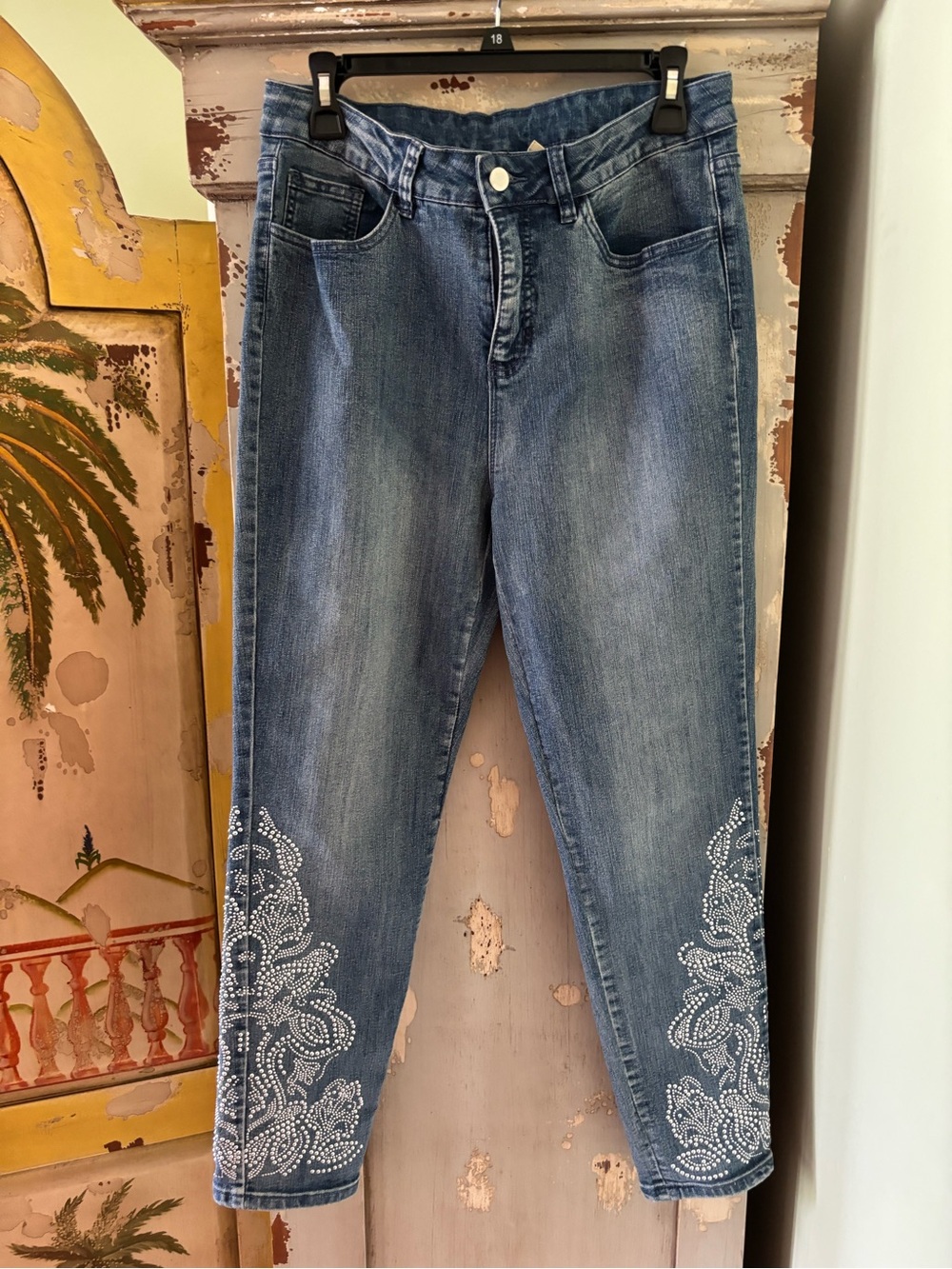 Soft Surroundings Indigo Ankle Jeans with White Embroidered Cuffs - Picture 5 of 10
